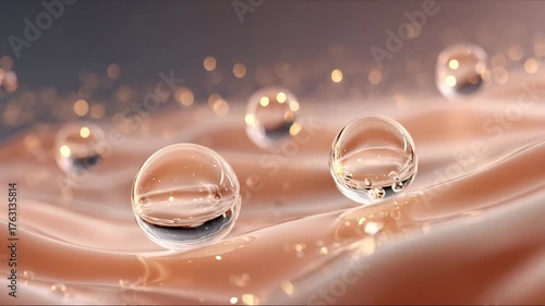 Captivating oil droplets glisten on a smooth surface, showcasing their beautiful texture and soft hues in natural light. Ideal for beauty and wellness themes.