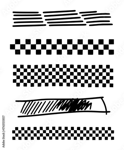 Collection of Hand-Drawn Black and White Graphic Elements: Lines, Checkers, and Scribbles