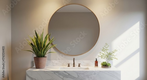 Modern bathroom interior with round mirror, plants, and marble countertop