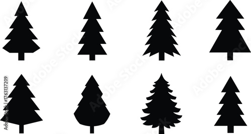 Set of pine tree silhouettes, black evergreen forest icons, conifer tree vector collection for nature, design, Christmas, and landscape art