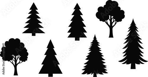 Set of pine and deciduous tree silhouettes, black vector forest icons, minimal nature design elements for logo, landscape, and decoration