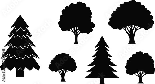 Vector silhouette collection of pine and deciduous trees, black nature icons for forest, landscape, eco design, and illustration