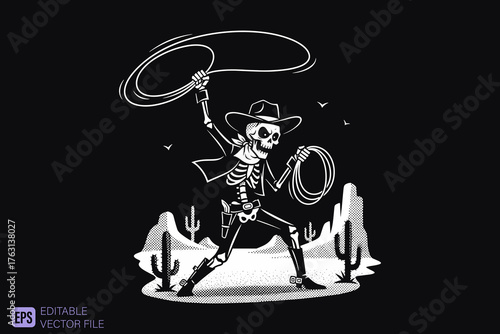 Skeleton Cowboy with Lasso in Desert Landscape.