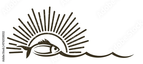 The symbol of fish with blue wave and sunrise.