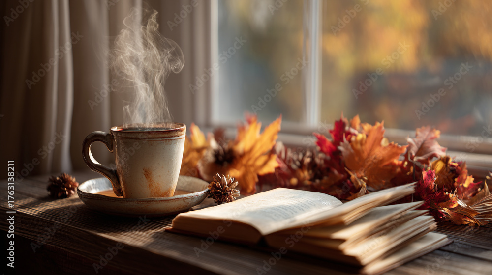 Fototapeta premium Steaming coffee cup and open book on a wooden surface with autumn leaves nearby
