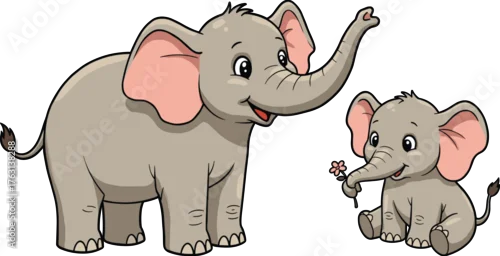 Obraz Cartoon elephants family illustration, parent and child animals, cute wildlife art, baby elephant with flower, love, care, affection, nature design
