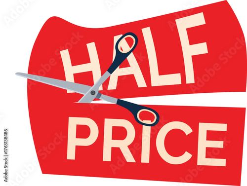 Scissors cutting a red half price sign, offering a discount and representing bargain and promotion