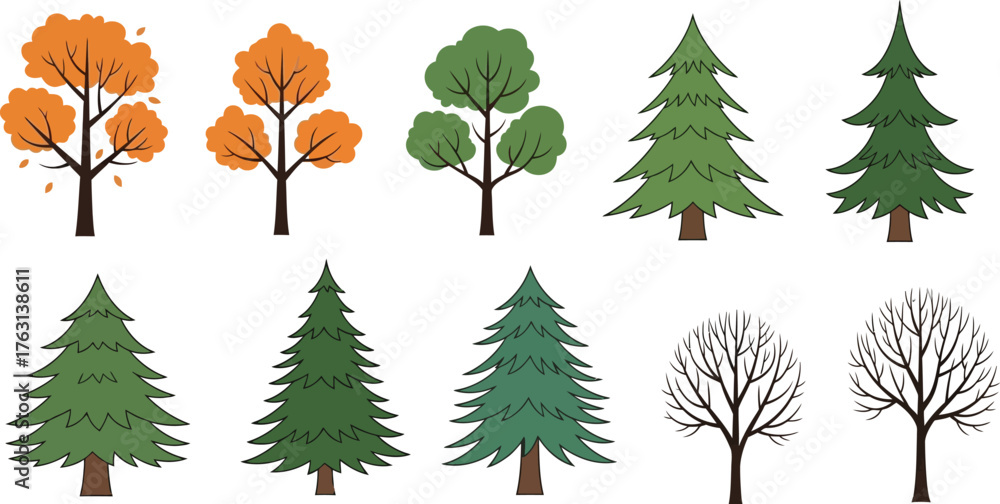 Obraz premium Collection of Diverse Trees: Autumn, Evergreen, and Bare Winter Styles, Isolated on White Background - Vector Illustration