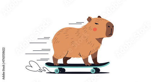 Adorable capybara cruising along on a skateboard, radiating joy, perfect for playful designs and heartwarming projects