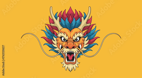 Majestic Chinese dragon head roars with vibrant colors, a symbol of power and good fortune for cultural celebrations