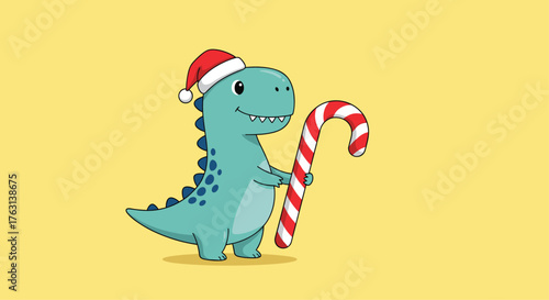 Cheerful dinosaur celebrating Christmas with a candy cane, perfect for holiday promotions and festive children's designs