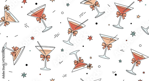 Elegant party celebration seamless pattern design with drinks and bows, perfect for festive occasions and stylish backgrounds