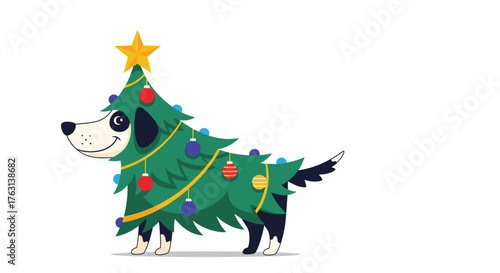 Festive dog dressed as Christmas tree with ornaments and star is cheerful and ready for holiday fun
