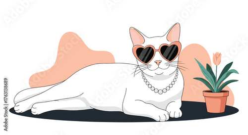 Stylish cat wearing heart shaped sunglasses and pearls looking cool with a tulip in a pot for a trendy design