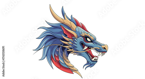 Majestic blue dragon head with golden horns and crimson accents, a symbol of power and fantasy adventure