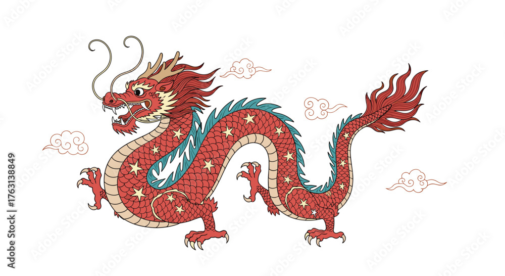 Naklejka premium Majestic Chinese dragon illustration with clouds for Lunar New Year designs and cultural projects, vibrant and detailed