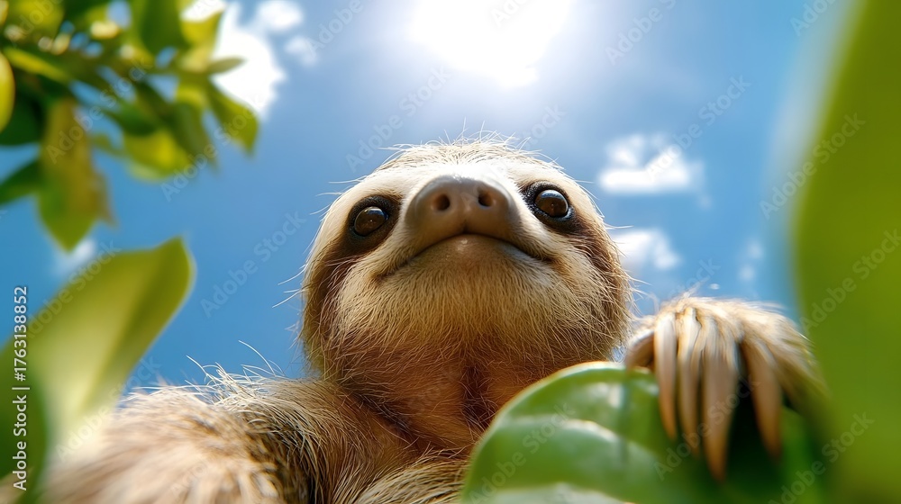 Obraz premium Curious sloth reaches out among green leaves under a bright sky during a sunny day in the rainforest