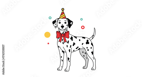 Celebrate with an adorable Dalmatian wearing a party hat and bow tie for a fun, festive occasion!