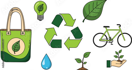Eco-friendly Icons: Recycling, Sustainability, Nature, Green Energy, and Healthy Lifestyle Symbols