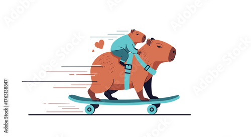 Joyful capybaras skateboarding in a cute and trendy design that evokes a sense of fun and happiness for all ages