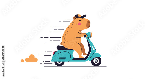 Whimsical capybara cruises on a turquoise scooter, adding quirky charm to your next project, perfect for lighthearted designs