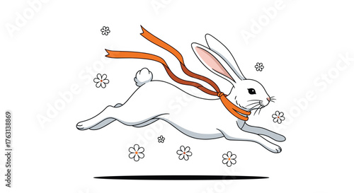 Energetic white rabbit bounding playfully with an orange ribbon, surrounded by cheerful flowers, perfect for Easter designs