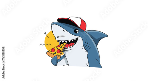 Shark dude cartoon enjoying a pizza slice, great for fun designs and pizzeria ads with a modern and playful twist