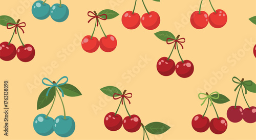 Sweet cherry pattern with playful ribbons creating a delightful summer vibe for your next creative project background design
