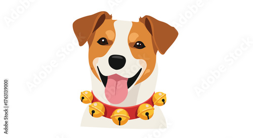 Festive dog wearing jingle bells collar, ready for Christmas cheer, playful and happy, ideal for holiday greetings