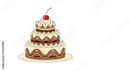 Celebrate with a stunning three-tiered chocolate cake topped with cherry and cream, the perfect dessert for any occasion