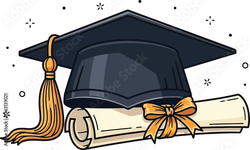 Graduation Cap and Diploma Scroll with Tassel and Ribbon - Symbol of Academic Achievement, Education, and Success