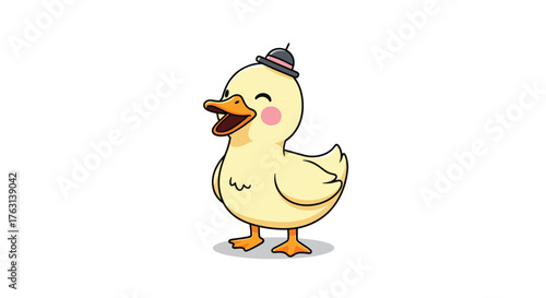 Cute cartoon duck with a tiny hat smiling happily, perfect for children's books and cheerful invitations