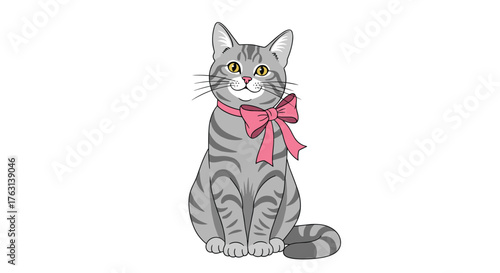 Adorable tabby cat with a pink bow tie looking cute and lovable, ready for a birthday party or special celebration