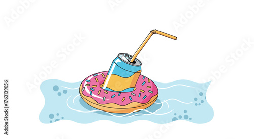 Enjoy summer vibes with drink in a donut float, perfect for relaxation and vacation advertising needs