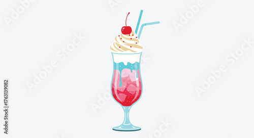 Refreshing summer drink with cherry and whipped cream for a cool treat advertisement or retro menu design element