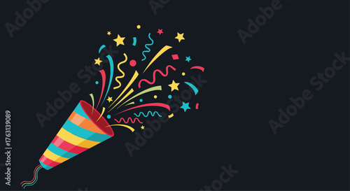 Celebrate success with a vibrant party popper explosion, perfect for birthdays and special occasions with festive confetti