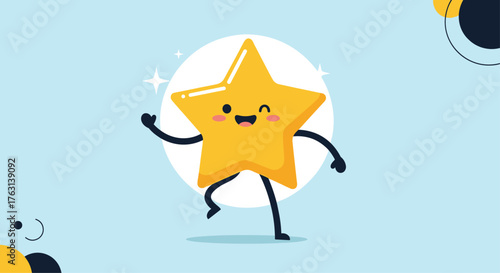 Cheerful star character waving hello on light blue background, perfect for children's book illustration or educational content