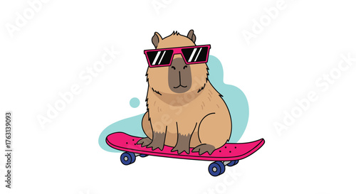 Cool capybara rides pink skateboard wearing sunglasses cartoon character for fun summer vibes and playful designs