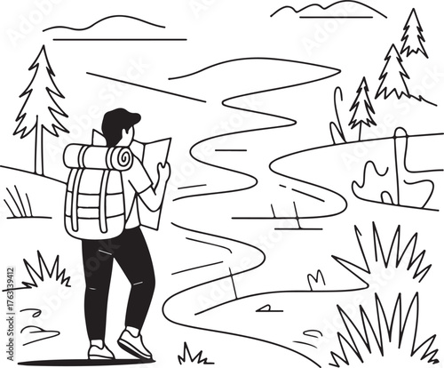 A person with map and backpack exploring the nature.