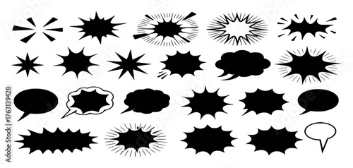 Collection of Black Comic Book Speech Bubbles and Sound Effects