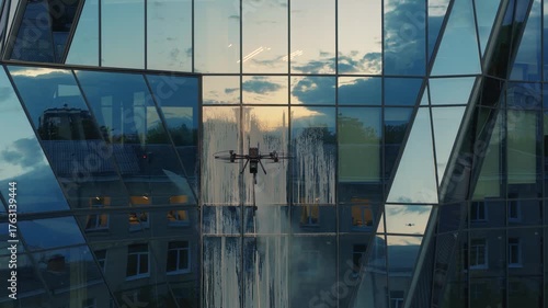 aerial view of Industrial drone spraying foam and water while cleaning glass facade of modern office building with sunset reflections