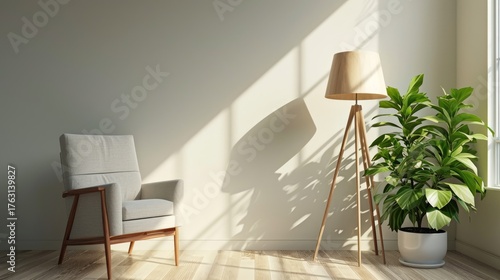 Minimalist living room corner with a light gray armchair, a wooden tripod lamp, and a large potted plant, bathed in sunlight.
