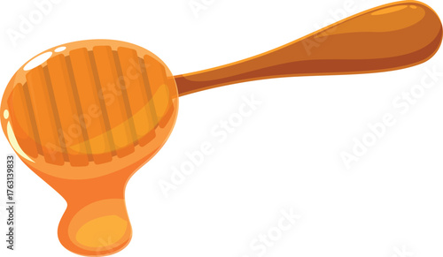 Honey dripping from wooden honey dipper, delicious and viscous, isolated on white background