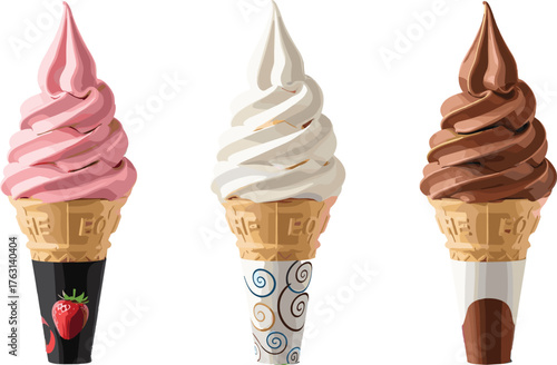 Ice cream cone illustration, strawberry flavor, vanilla swirl, chocolate scoop, colorful waffle cones, dessert clipart, sweet treat design, cartoon style, summer food, playful artwork