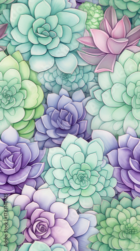 Vibrant succulent pattern featuring various shades of green, purple, and pink in a lush botanical design