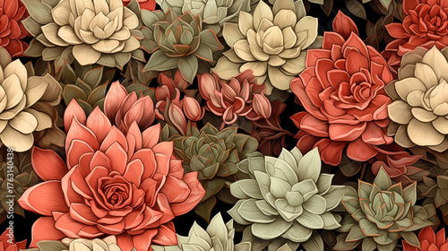Rich botanical pattern featuring red, cream, and green succulents against a dark background for elegant design