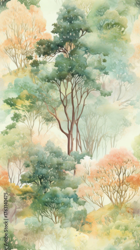 Dreamy forest pattern with soft pastel trees in green, peach, and warm tones creating a serene atmosphere
