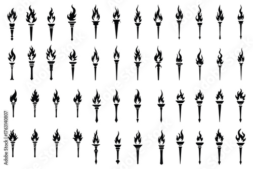 Collection of black torch icons with flames fire symbol