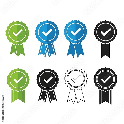 Set of eight quality guarantee badges with check marks.