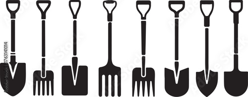  Silhouette of a shovel tool, Tool icon collection. Garden shovel silhouette vector on white background.